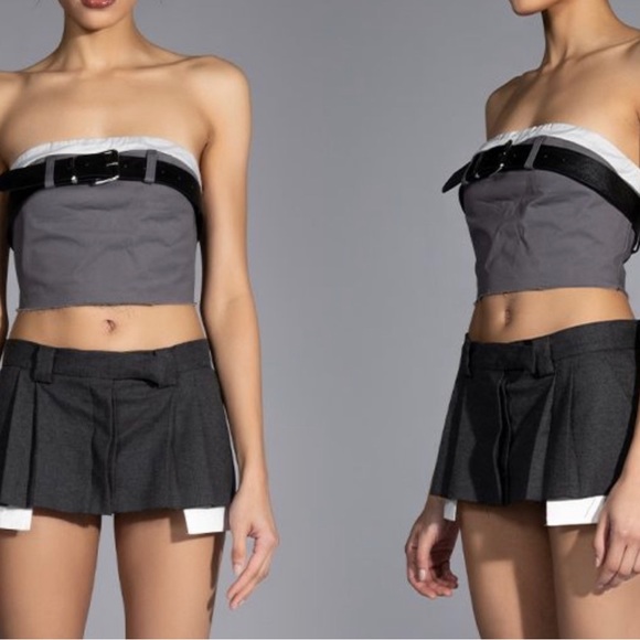 Gray & Black Belted & Layered Crop Top - Picture 2 of 14